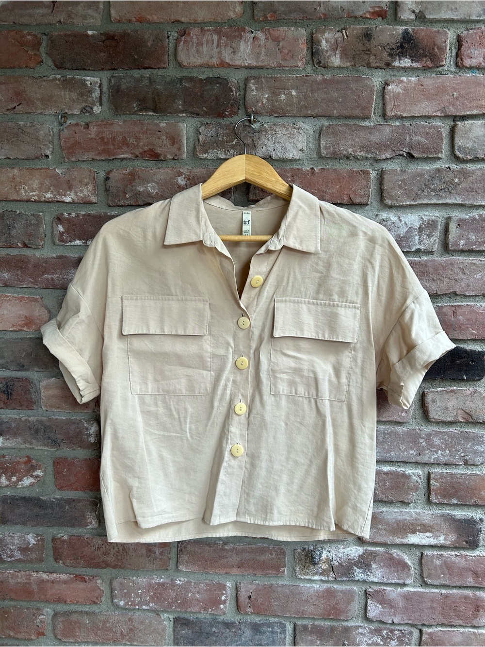 Beige Button-Front Short Sleeve Shirt - Zara